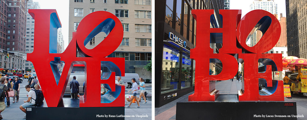 Installazione a New York di Love Sculpture e Hope Sculpture dell'artista Robert Indiana